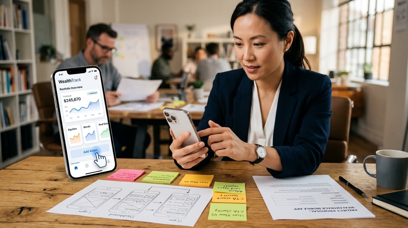 Client testing interactive mobile prototype screens before code is written