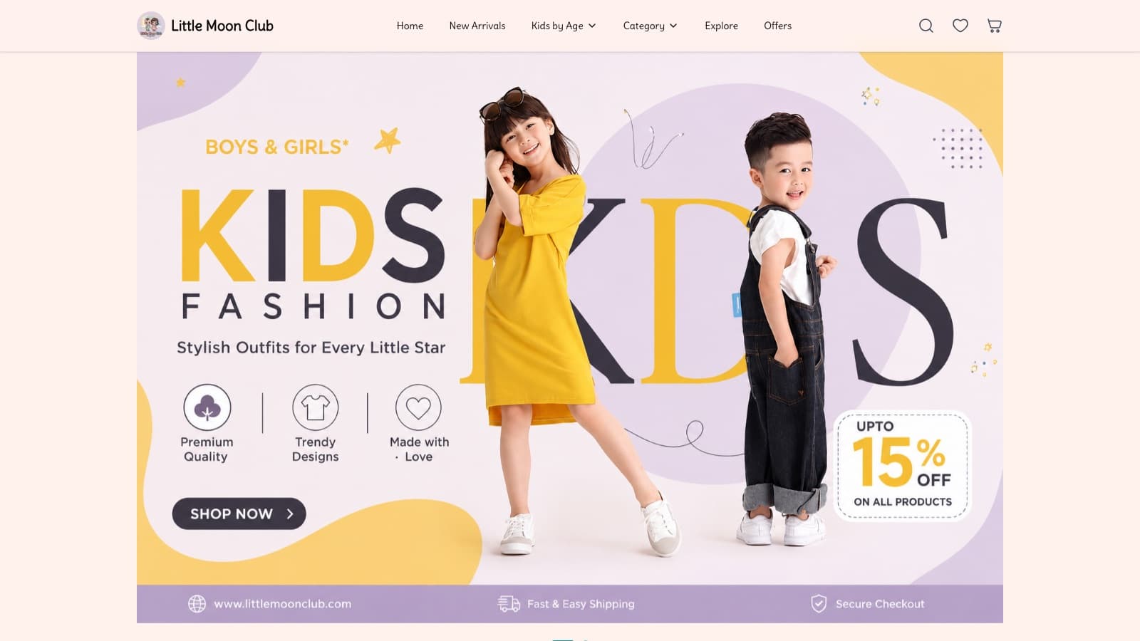 Little Moon Club online store homepage, showing the kids fashion hero banner, category navigation and shopping cart