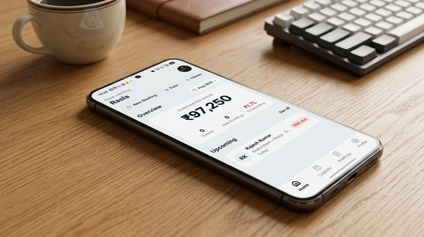 Phone showing the Mandava hall booking app dashboard with monthly collections, dues summary, and upcoming bookings